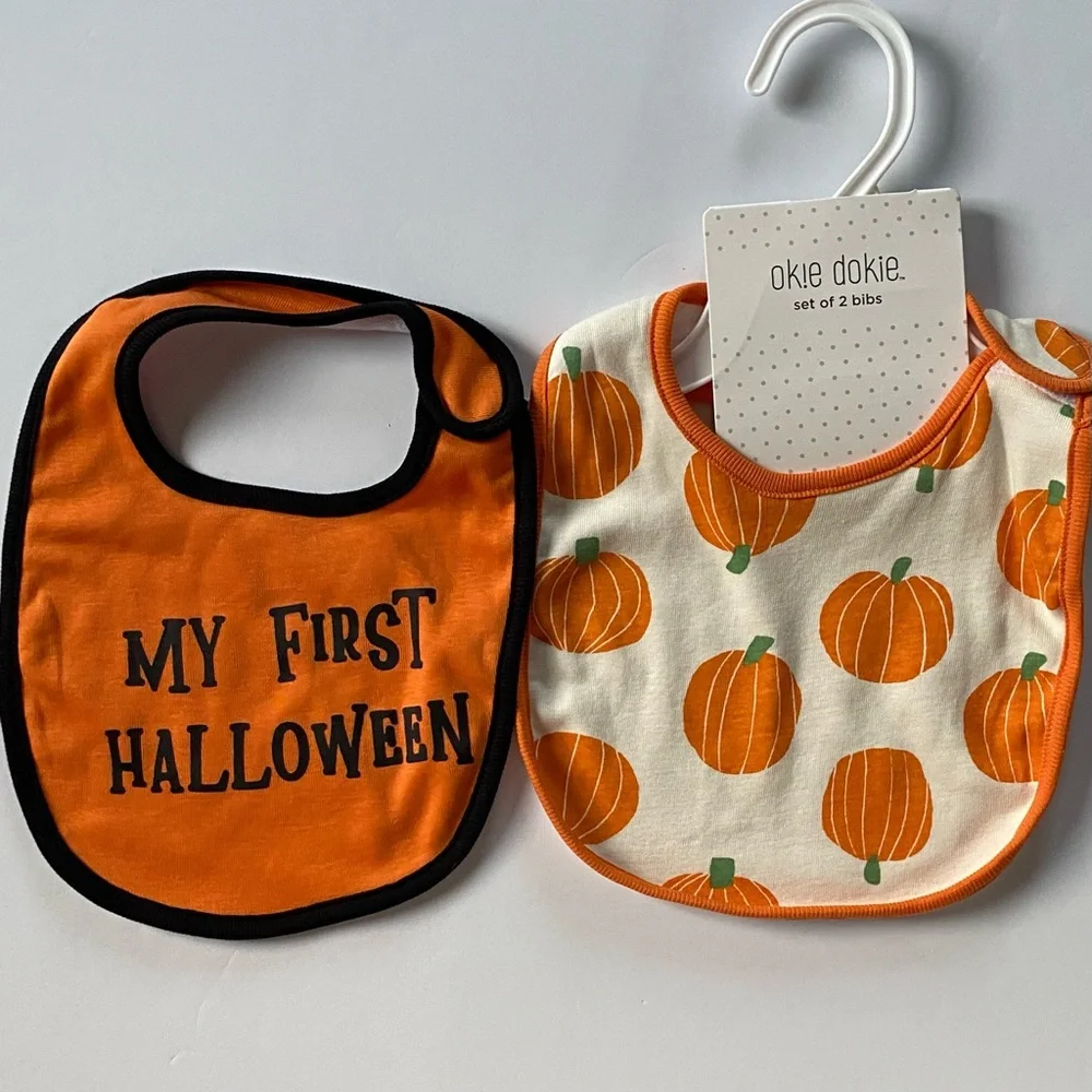 New 2 pack My First Halloween Baby Bibs Pumpkins Happy Halloween Orange NWT